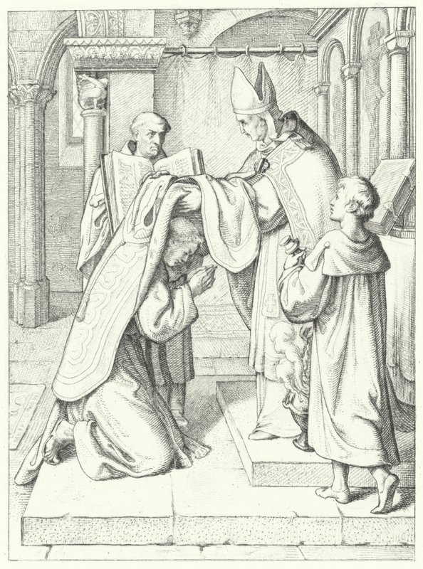 Martin Luther je vysvěcen na kněze Jeromem Scultetem, biskupem braniborským v katedrále v Erfurtu, 3. dubna 1507 od Gustav Ferdinand Leopold Konig