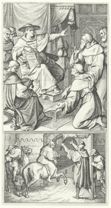 Martin Luther opouští papežova legáta ve Wittenbergu, Thomase Cajetana (nahoře). Martin Luther opouští město Augsburg (dole) (rytina) od Gustav Ferdinand Leopold Konig