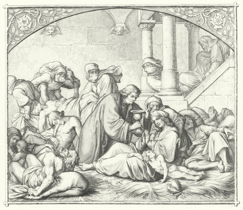 Martin Luther nabízí útěchu nemocným morem (rytina) od Gustav Ferdinand Leopold Konig