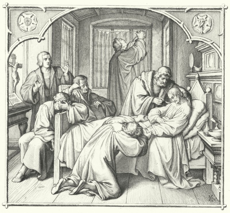 Martin Luther se modlí u smrtelné postele Philipa Melanchtona (rytina) od Gustav Ferdinand Leopold Konig