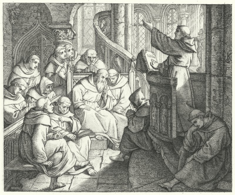 Martin Luther káže Johannu von Staupitz a dalším mnichům v klášteře (rytina) od Gustav Ferdinand Leopold Konig