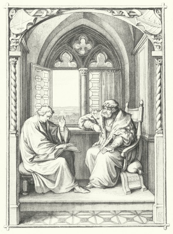 Martin Luther čte z Bible Janovi, saskému kurfiřtovi (rytina) od Gustav Ferdinand Leopold Konig