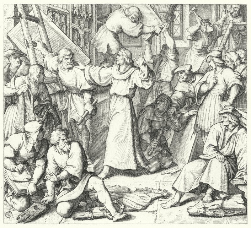 Martin Luther omezuje obrazoborce ve Wittenbergu (rytina) od Gustav Ferdinand Leopold Konig