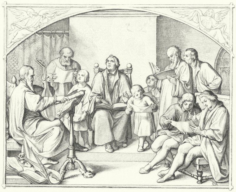 Martin Luther zpívá s chrámovým sborem (rytina) od Gustav Ferdinand Leopold Konig