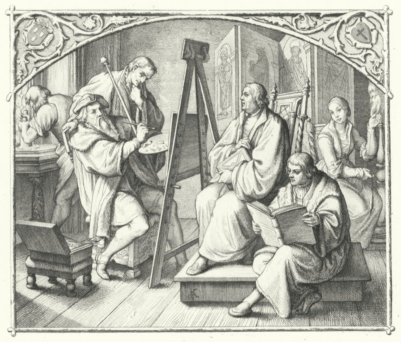 Martin Luther sedí u obrazu Lucase Cranacha staršího (rytina) od Gustav Ferdinand Leopold Konig