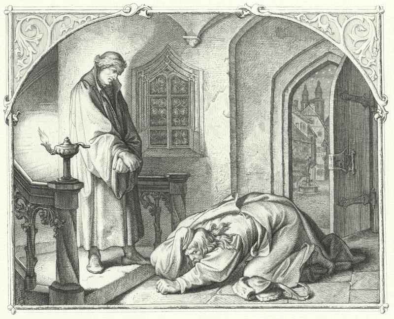 Martin Luther s obchodníkem Hansem Kohlhasem (rytina) od Gustav Ferdinand Leopold Konig