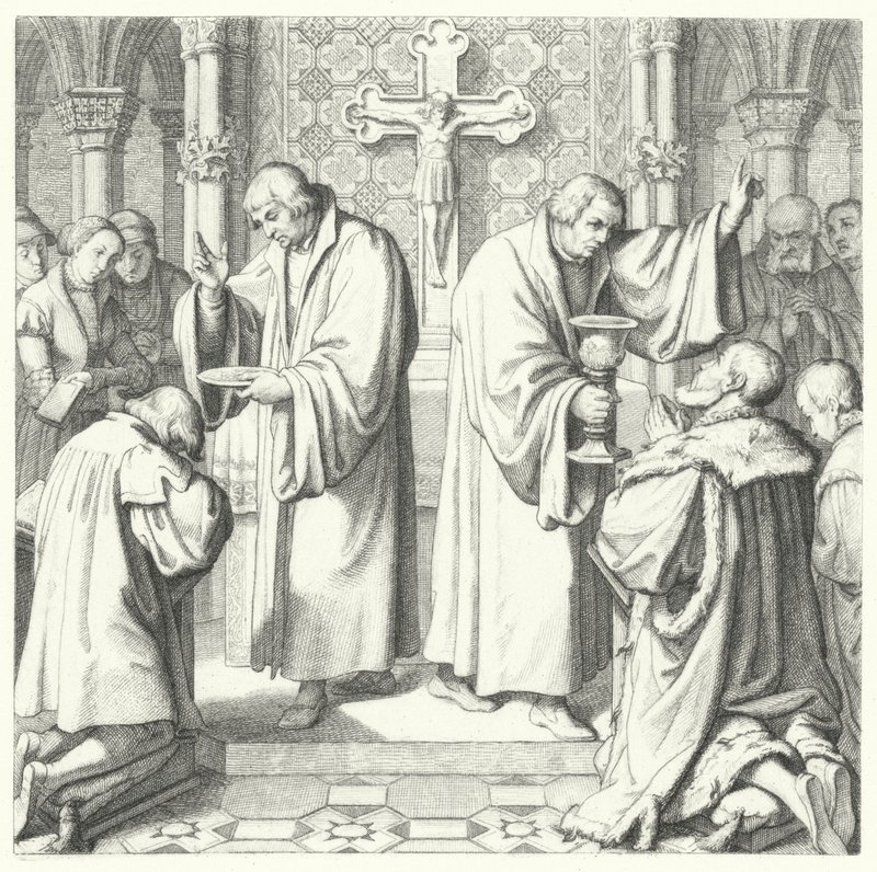 Svaté přijímání zobrazené v protestantské i katolické podobě (rytina) od Gustav Ferdinand Leopold Konig