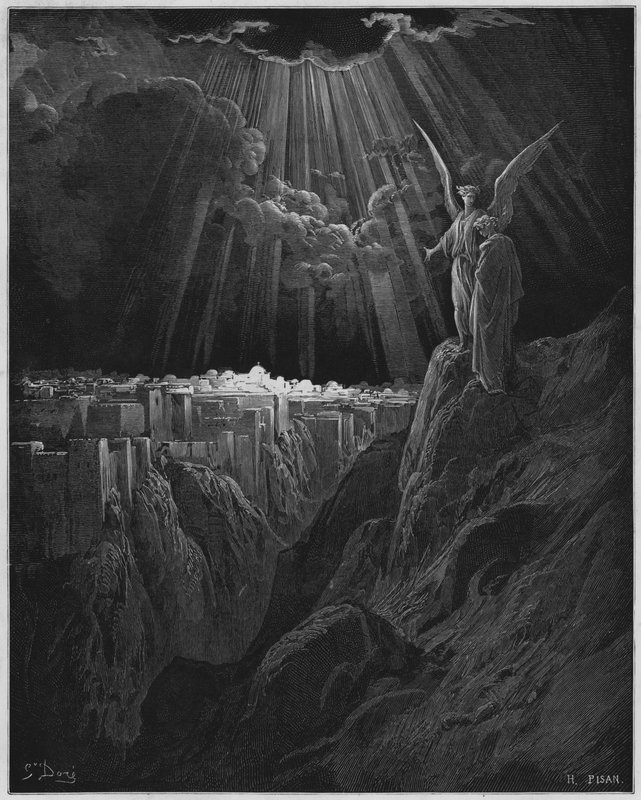 Gustave Dore Bible: Anděl ukazující Jeruzalém v troskách S Johnovi od Gustave Dore