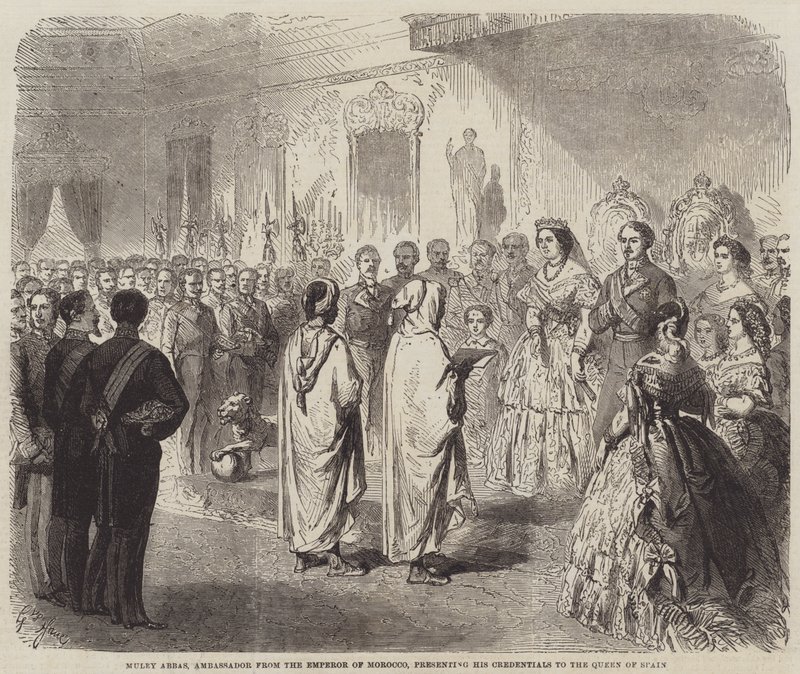 Muley Abbas, velvyslanec marockého císaře, předává své pověřovací listiny španělské královně od Gustave Janet