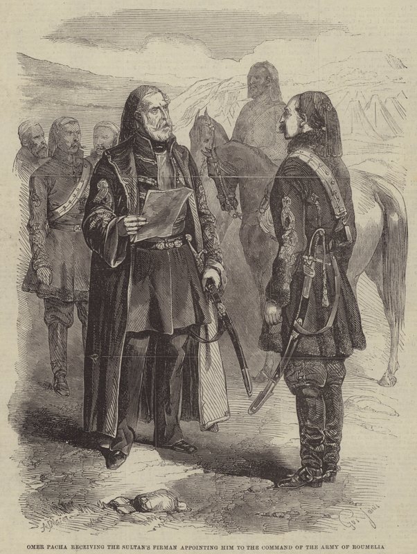 Omer Pacha přijímá sultány Firmana a jmenuje ho do velení armády Roumelie od Gustave Janet