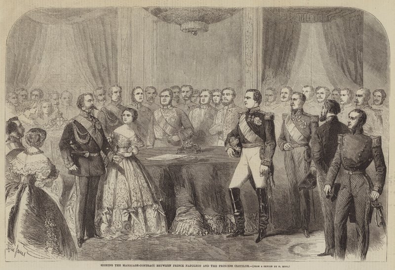 Podepsání manželské smlouvy mezi princem Napoleonem a princeznou Clotildou od Gustave Janet