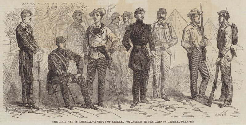 Občanská válka v Americe, skupina federálních dobrovolníků v táboře generála Prentisse od Gustave Janet
