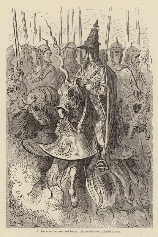 Konečně přišli vrstevníci a baroni, odění ve své nejúžasnější zbroji od Gustave after Dore
