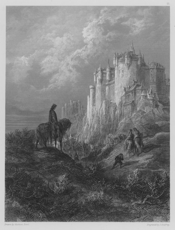 Edyrn se svou cestou Lady a trpaslíka do Arthurs Court od Gustave after Dore