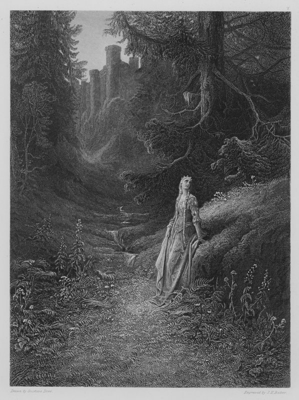 Elaine na cestě do Lancelotovy jeskyně od Gustave after Dore