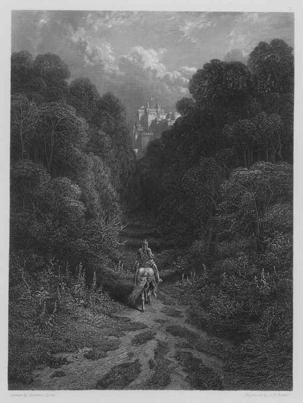 Lancelot se blíží k hradu Astolat od Gustave after Dore