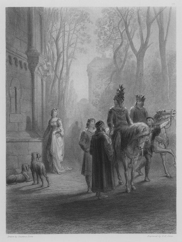 Lancelot se loučí s Elaine od Gustave after Dore