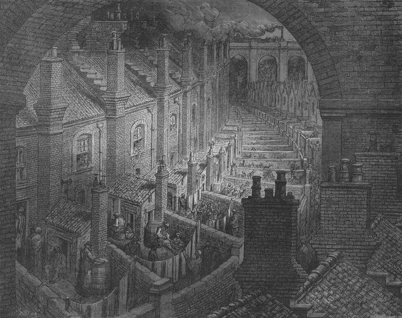 Londýn, pohled z železnice přes střechy od Gustave after Dore