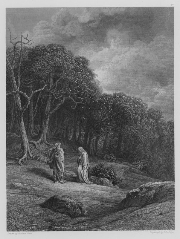 Vivien a Merlin vstupují do lesa od Gustave after Dore