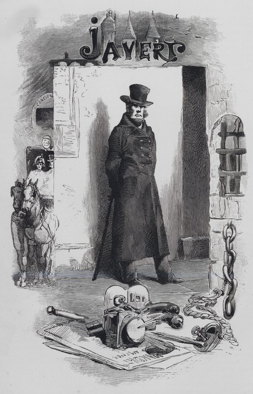 Scéna z Les Miserables, od Victora Huga: Javert, detektiv (rytina) od Gustave (after) Brion