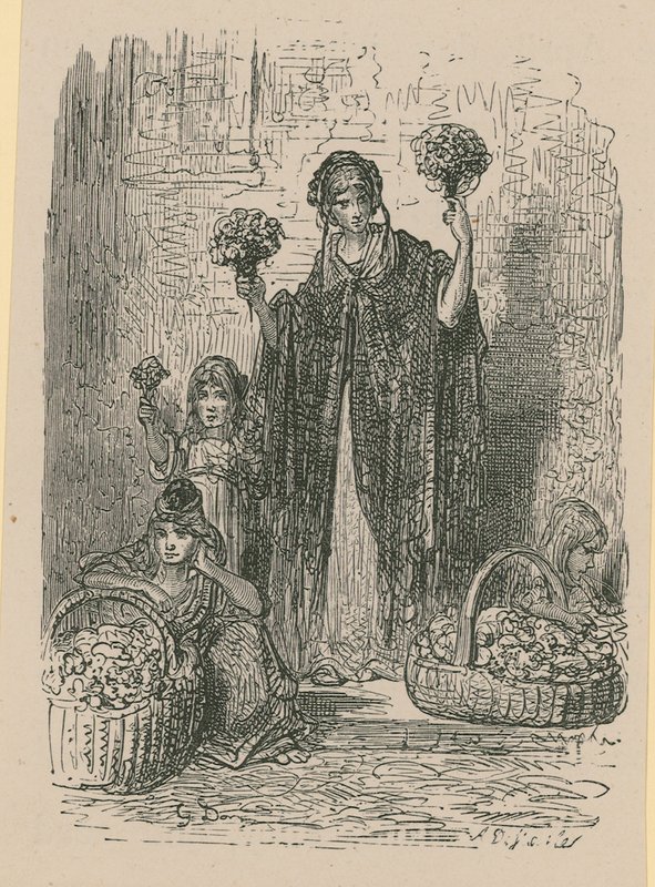 Skupina mladých žen prodávajících květiny z košíků od Gustave Dore