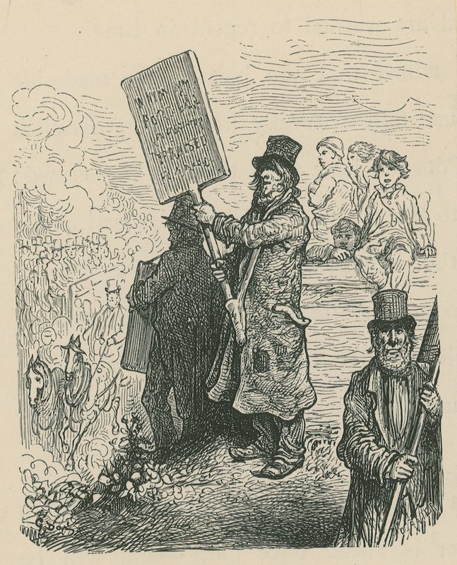 Muž držící transparent na protestu od Gustave Dore