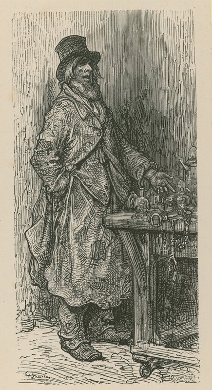 Muž stojí a prodává své zboží ze stánku na trhu od Gustave Dore