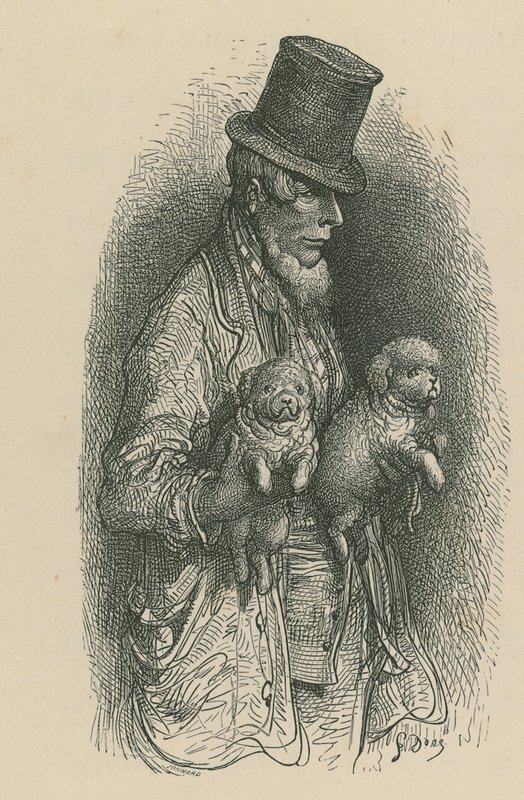 Muž v cylindru, který drží v rukou dva psy od Gustave Dore
