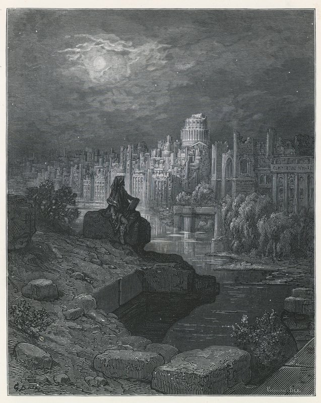 Cestovatel z Nového Zélandu uvažuje o ruinách Londýna od Gustave Dore