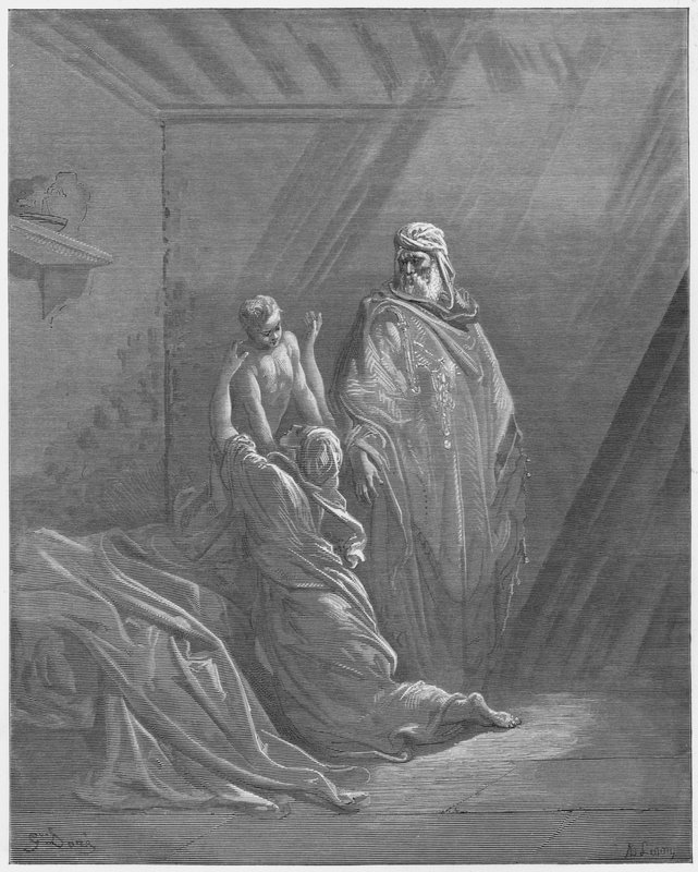 Gustave Dore Bible: Eliáš vychovává syna vdovy ze Sarepty od Gustave Dore