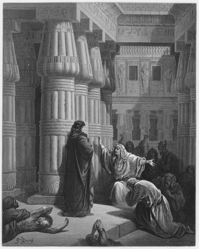Gustave Dore Bible: Egypťané naléhali na Mojžíše, aby odešel od Gustave Dore