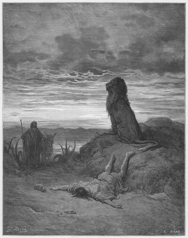 Gustave Dore Bible: Neposlušný prorok zabitý lvem od Gustave Dore