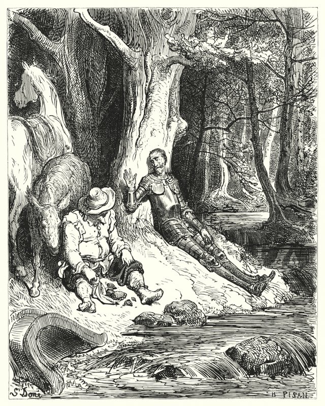 Don Quijote Gustava Dorea: „Čistá fontána, kterou Don Quijote a Sancho našli mezi některými zelenými stromy, sloužila k jejich osvěžení“ (rytina) od Gustave Dore