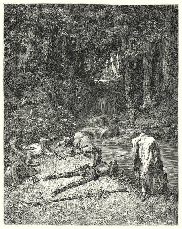 Don Quijote Gustava Dorea: „Luka zalévaná potůčkem je pozvala, aby sestoupili“ (rytina) od Gustave Dore