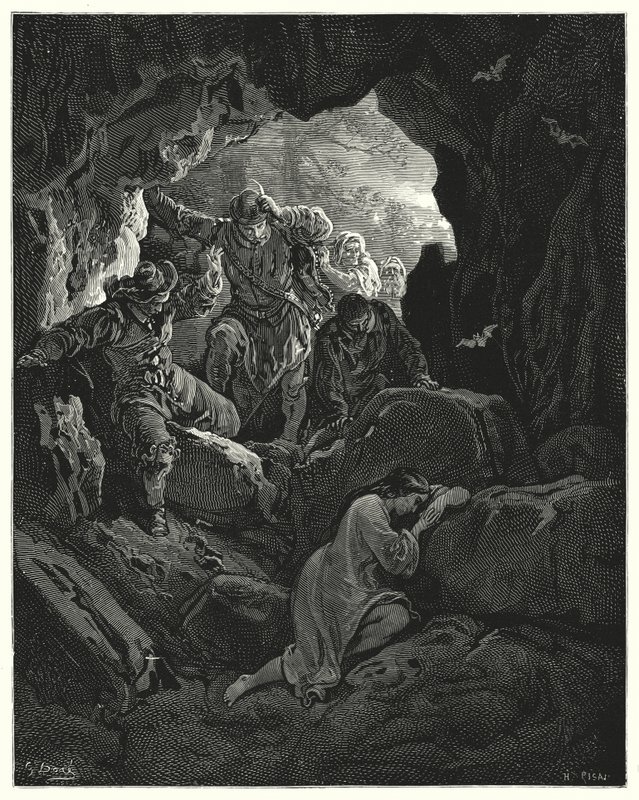 Don Quijote Gustava Dorea: „Je vyslána parta s důstojníky...kteří najdou chudáka Leandru v jeskyni jedné z hor“ (rytina) od Gustave Dore