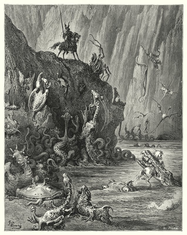 Don Quijote Gustava Dorea: „Rozlehlé jezero vroucí smůly, ve kterém se sem a tam proplouvá nekonečné množství divokých a hrozných tvorů“ (rytina) od Gustave Dore