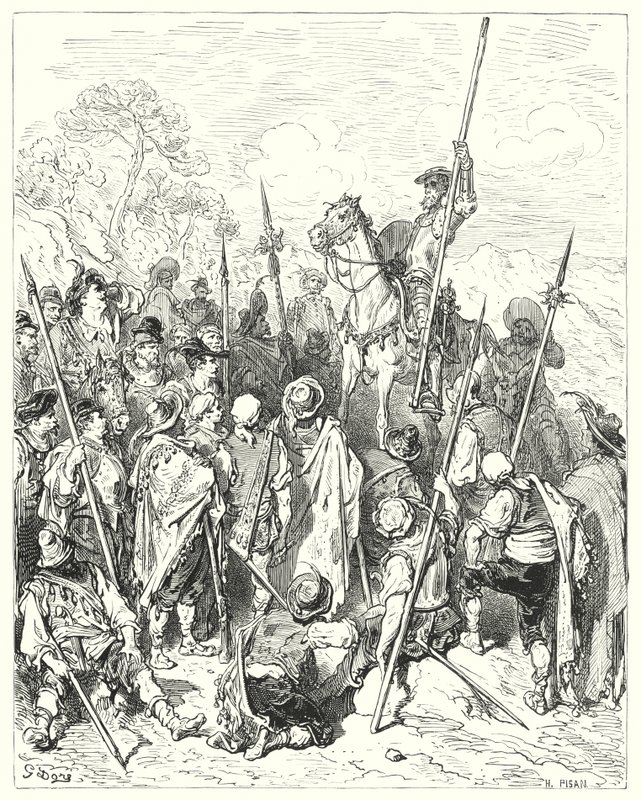 Don Quijote Gustava Dorea: „Podle zákonů zbraní se skutečně zraníte, když si myslíte, že jste uraženi“ (rytina) od Gustave Dore