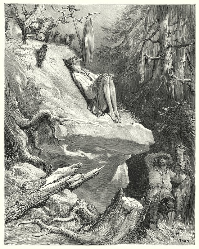 Don Quijote Gustava Dorea: "Běda!" odpověděl Sancho: "Našel jsem ho v košili, štíhlého, bledého a téměř vyhladovělého, vzdychajícího pro svou lady Dulcineu" (rytina) od Gustave Dore