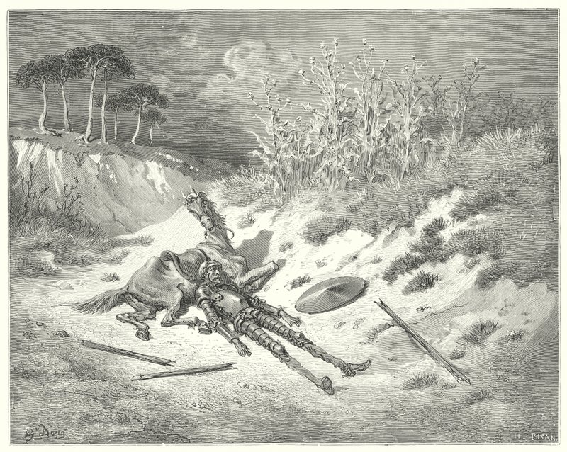 Don Quijote Gustava Dorea: "Běda, kde jsi, drahá paní, že pro mou bědu nesténáš?" (rytina) od Gustave Dore