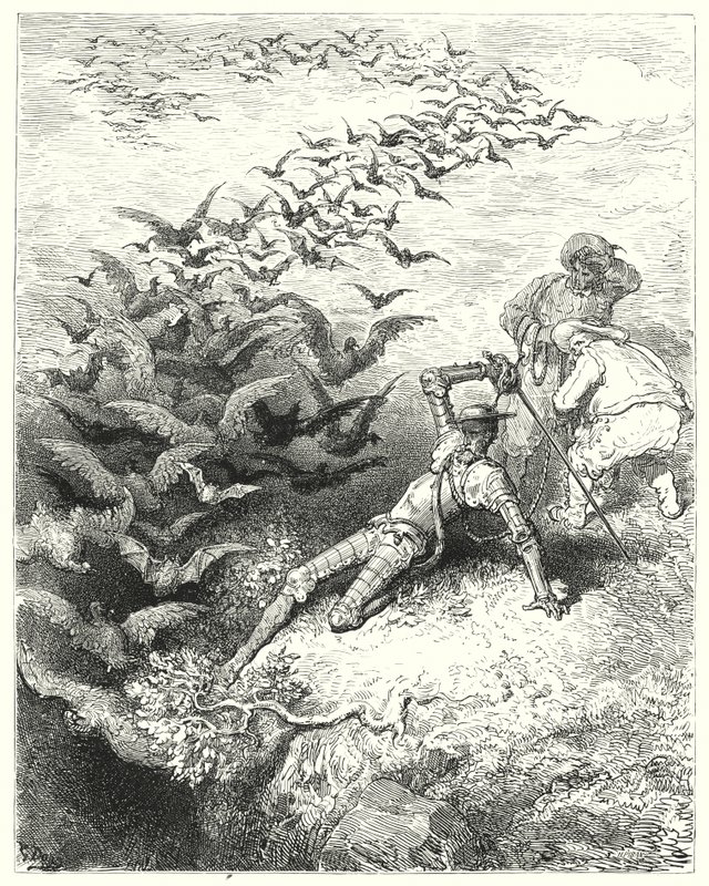 Don Quijote od Gustava Dorea: „Nekonečné množství přerostlých vran a vran se řítilo a třepotalo se z jeskyně“ (rytina) od Gustave Dore