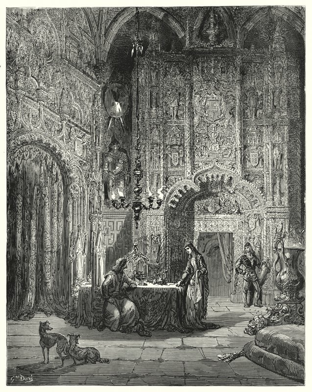 Don Quijote Gustava Dorea: „Do místnosti přichází další slečna a začíná ho informovat, o jaký hrad se jedná a jak je v něm okouzlena“ (rytina) od Gustave Dore