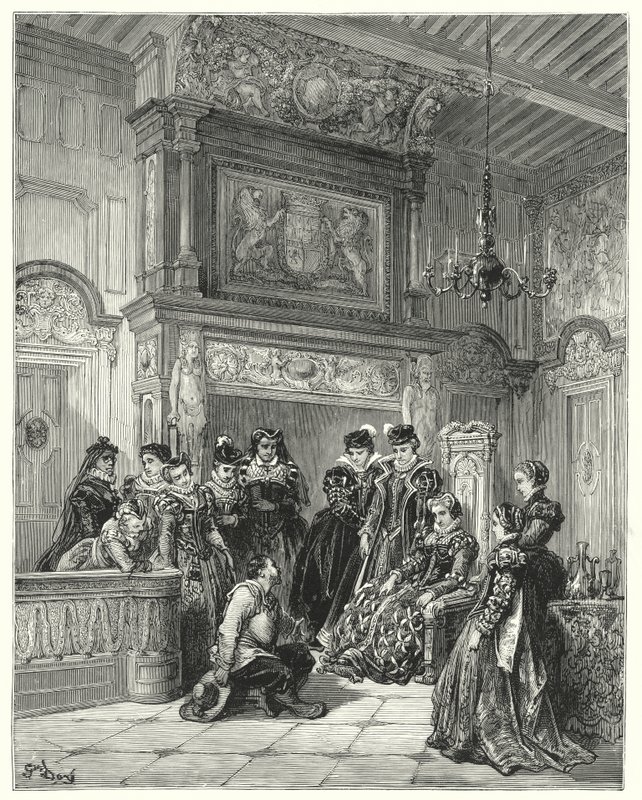 Don Quijote Gustava Dorea: „Na žádost vévodkyně velmi věrně vylíčil celou pasáž pozdního předstíraného očarování“ (rytina) od Gustave Dore