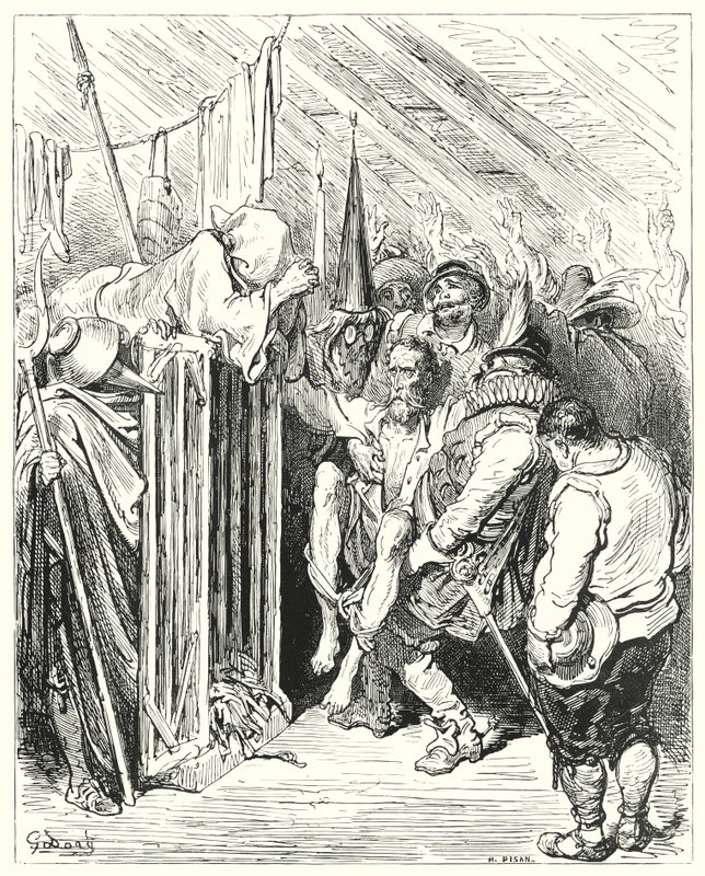Don Quijote Gustava Dorea: „Nebuď netrpělivý, ó rytíři strašidelné postavy, ve svém uvěznění“ (rytina) od Gustave Dore