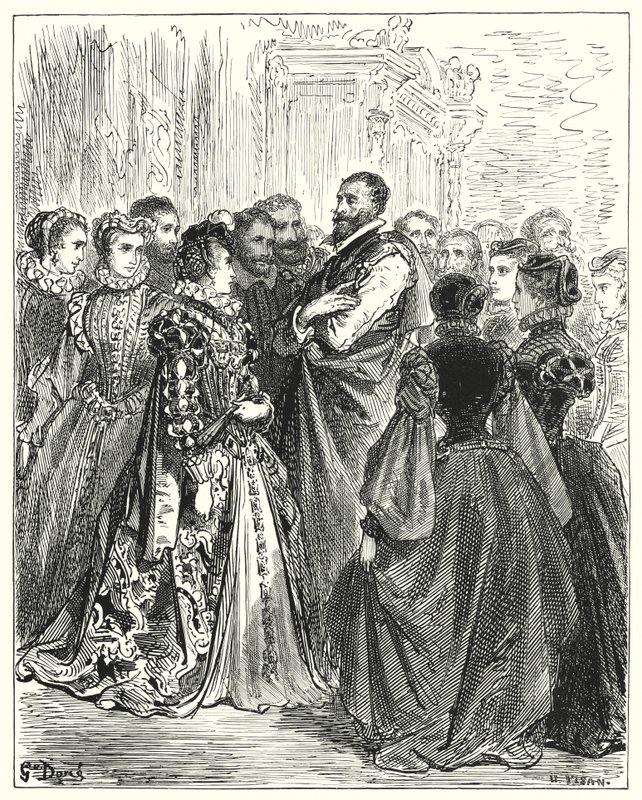 Don Quijote Gustava Dorea: „Manželka dona Antonia pozvala několik svých přátel na ples, aby uctila svého hosta“ (rytina) od Gustave Dore