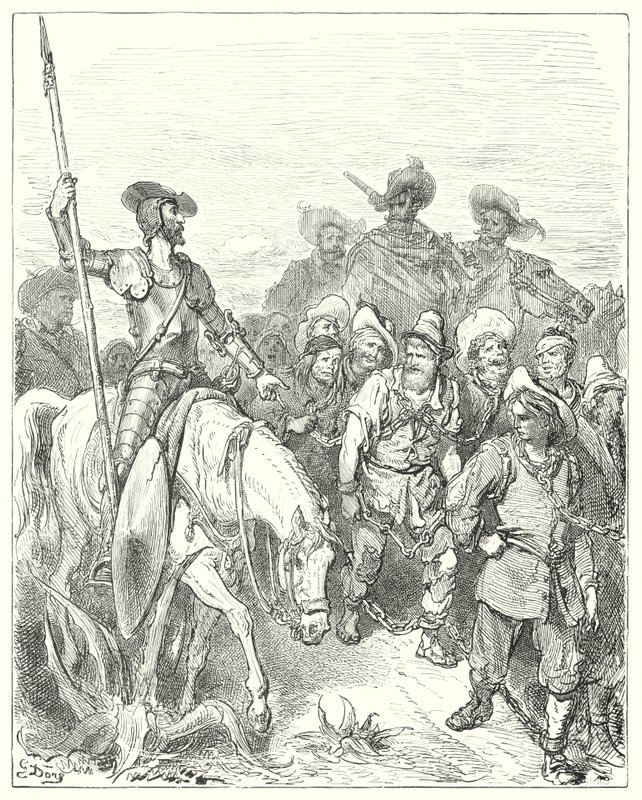Don Quijote Gustava Dorea: „Don Quijote se prvního zeptal, jaké zločiny spáchal za těchto ubohých okolností“ (rytina) od Gustave Dore