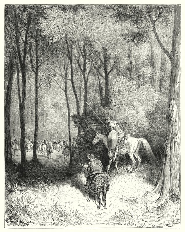 Don Quijote Gustava Dorea: „Don Quijote popsal společnost, kterou při bližším pohledu považoval za osoby kvality“ (rytina) od Gustave Dore