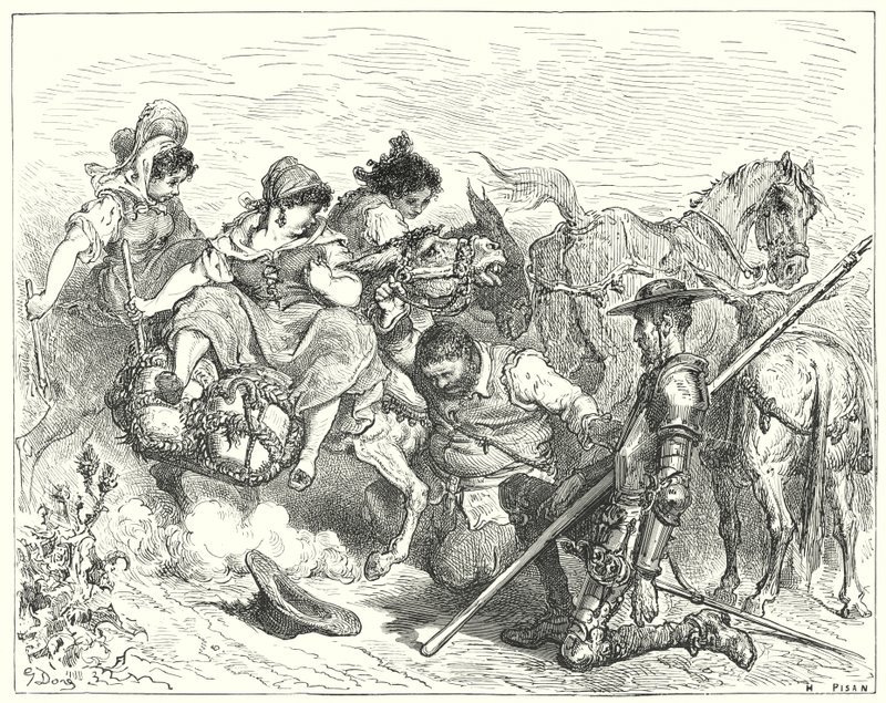 Don Quijote Gustava Dorea: „Don Quijote hleděl pochybnýma a bezútěšnýma očima na stvoření, kterému Sancho říkal královna a dáma“ (rytina) od Gustave Dore
