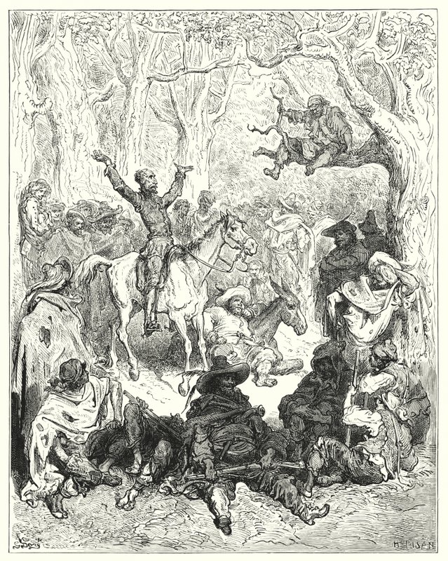 Don Quijote Gustava Dorea: „Don Quijote, nasedl na Rozinante, velmi hojně protestoval proti jejich způsobu života“ (rytina) od Gustave Dore