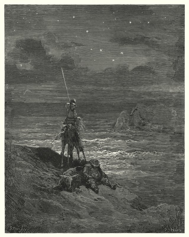 Don Quijote Gustava Dorea: „Don Quijote tam zůstal a čekal na přístup dne“ (rytina) od Gustave Dore