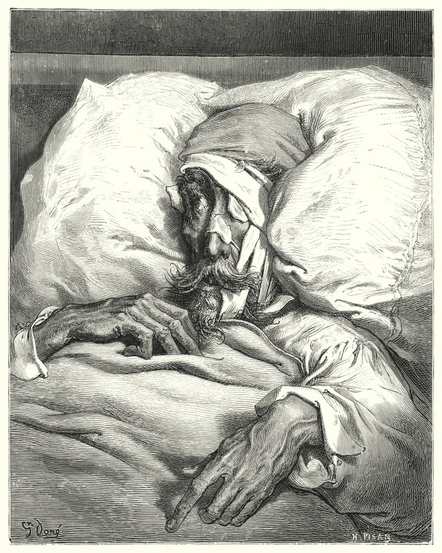 Don Quijote Gustava Dorea: „Don Quijote, takto nešťastně zraněný, byl extrémně zasmušilý a melancholický“ (rytina) od Gustave Dore